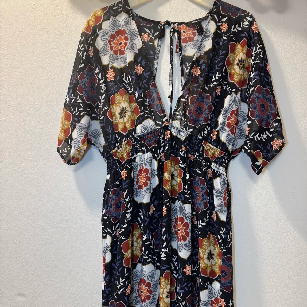 Forever 21 Black Maxi Dress with Red, Gold, Cream Floral Print - Picture 3 of 12